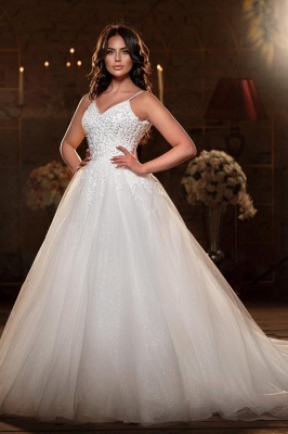 Modest Spaghetti Strap Sleevesless A-Line Floor-Length Tulle Wedding Dresses with Applique_1