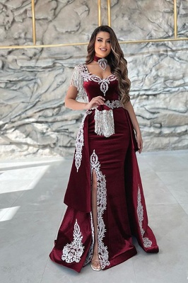Gorgeous Red Sweetheart Column Appliques Sleeveless Split Front Floor-length Prom Dresses with Train_1