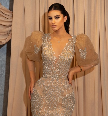 Gorgeous Champagne V-neck with Puffy sleeves Appliques Lace Sheath Prom Dresses_2