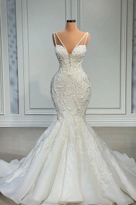 Charming Spaghetti Straps Sleeveless Mermaid Chiffon Beading Floor-Length Wedding Dresses_1