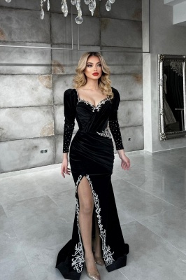 Sexy Black Sequined Column Appliques Long Sleeves Split Front Floor-length Prom Dresses_1