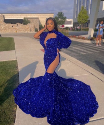 Shimmers Blue High-neck Long Sleeve Transparent lace Floor-length Mermaid Prom Dresses_1