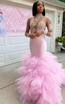 Charming Pink Halter Long Sleeve Transparent lace Column Mermaid Floor-length Prom Dresses_2