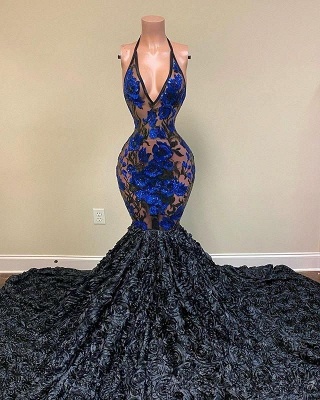 Elegant Black Appliques V-neck Halter Sleeveless Floor-length Mermaid Prom Dresses_2