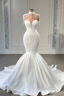Classy Appliques Lace Tassel Sweetheart Sleeveless Chapel Mermaid Wedding Dresses_1