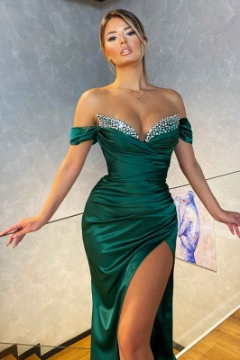 Green Sexy Off-the-shoulder Sleeveless Elastic Woven Satin Floor-Length Prom Dresses with Ruffles_3