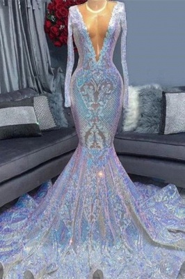 Shimmers White Sequins V-neck Long Sleeve pattern Floor-length Mermaid Prom Dresses_1