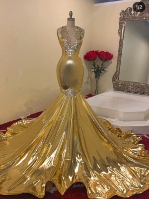 Fabulous Golden Beading V-neck Sleeveless Floor-length Mermaid Prom Dresses_2