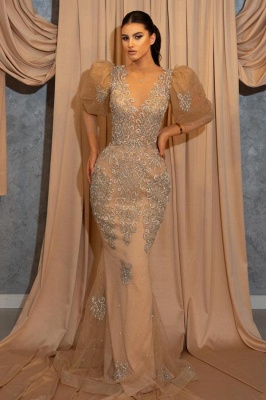 Gorgeous Champagne V-neck with Puffy sleeves Appliques Lace Sheath Prom Dresses_1
