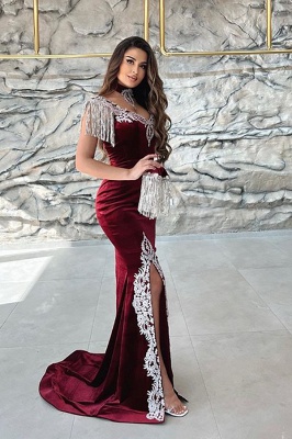 Gorgeous Red Sweetheart Column Appliques Sleeveless Split Front Floor-length Prom Dresses with Train_2