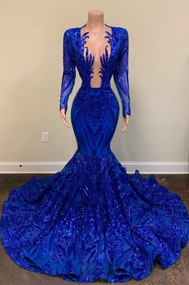 Exquisite Blue V-neck Sequins Long Sleeve Floor-length Mermaid Prom Dresses_1