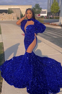 Shimmers Blue High-neck Long Sleeve Transparent lace Floor-length Mermaid Prom Dresses_2
