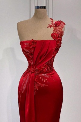 Decent Red Pleats Flowers One Shoulder Sleeveless Floor-length Empire Prom Dresses_2