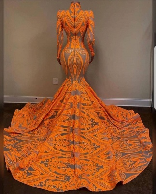 Fabulous Orange Halter Appliques Lace Long Sleeve Mermaid Prom Dresses_2