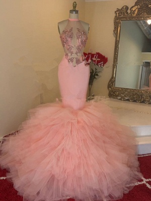 Nectarean Pink Transparent Lace High Neck Sleeveless Floor-length Mermaid Prom Dresses_2