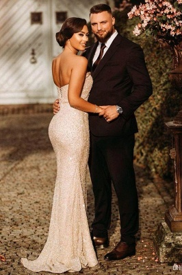 Simple Champagne Strapless Sequins Column Prom Dresses with Slit_2