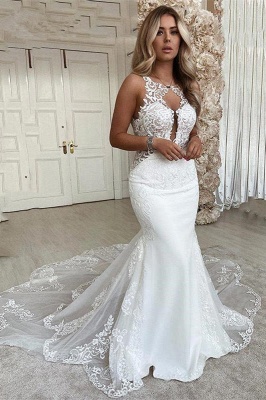 Exquisite V-neck Sleeveless Appliques Lace Column Mermaid Floor-length Wedding Dresses_1