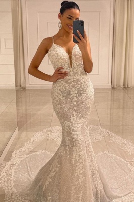 Charming Lace V-neck Spaghetti Straps Column Mermaid Wedding Dresses_1