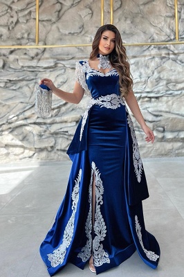 Gorgeous Blue Sweetheart Column Appliques Sleeveless Split Front Floor-length Prom Dresses with Train_1