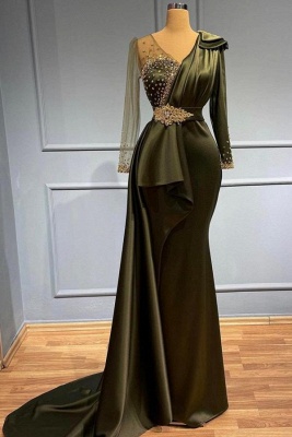 Classical Tea Brown V-neck Long Sleeve Sheath Prom Dresses with Slit_1
