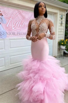 Charming Pink Halter Long Sleeve Transparent lace Column Mermaid Floor-length Prom Dresses_1