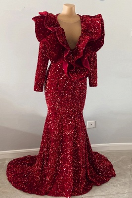 Gorgeous Red V-neck Sequins Tddecoration Sleeveless Floor-length Mermaid Prom Dresses_2