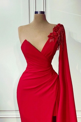 Red One-shoulder Sleeveless Mermaid Elastiic Woven Satin Floor-Length Prom Dresses with Ruffles_2