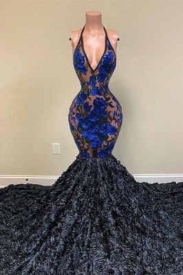 Elegant Black Appliques V-neck Halter Sleeveless Floor-length Mermaid Prom Dresses_1