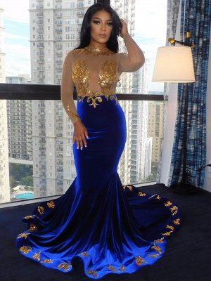 Fabulous High-neck Transparent lace Long Sleeve Appliques Lace Mermaid Prom Dresses_2