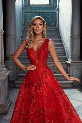 Vintage Red V-Neck Sleeveless A-Line Tulle Prom Dresses with Applique_2