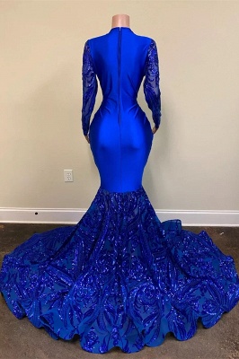 Exquisite Blue V-neck Sequins Long Sleeve Floor-length Mermaid Prom Dresses_2