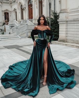 Deluxe Emerald Off-the-shoulder Sheath Mermaid Sequins Prom Dresses with Slit_4