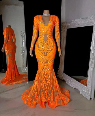 Unique Orange Sequins V-neck Appliques Lace Floor-length Long Sleeve Column Mermaid Prom Dresses_2