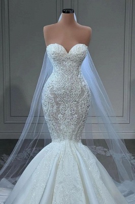 Elegant Strapless Sleeveless Mermaid Satin Floor-Length Wedding Dresses with Lace_2