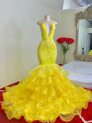 Charming Yellow Spaghetti Straps V-neck Tiered Transparent Lace Mermaid Prom Dresses_2