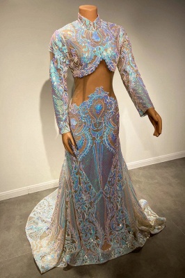 Shimmers Two Piece High-neck Long Sleeve Floor-length A-Line Prom Dresses_4