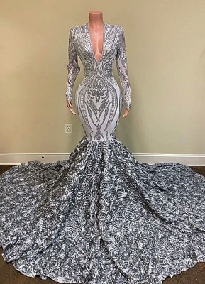 Gorgeous Silver V-neck Long Sleeve Flowers Floor-length Mermaid Prom Dresses_2