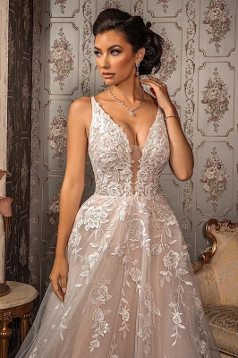 Classy V-neck Appliques Lace Spaghetti Straps Sleeveless A-Line Wedding Dresses_5