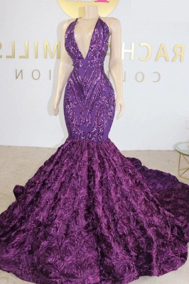 Gorgeous Purple V-neck Sequins Sleeveless Floor-length Mermaid Prom Dresses_2