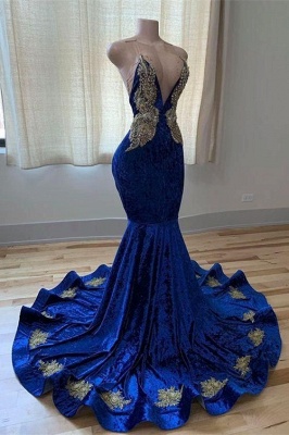 Exquisite Blue V-neck Spaghetti Straps Beading Sleeveless Floor-length Mermaid Prom Dresses_2