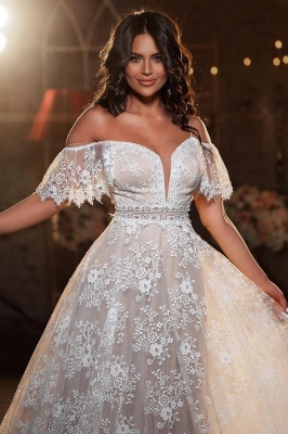 Beautiful Off-the-shoulder Short Sleeve A-Line Floor-Length Lace Wedding Dresses_2