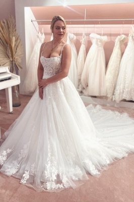 Gorgeous Spaghetti Strap Sleeveless A-Line Floor-Length Tulle Wedding Dresses with Court Train_1