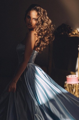 Blue Strapless Sleeveless A-Line Elastic Woven Satin Floor-Length Prom Dresses with Ruffles_3