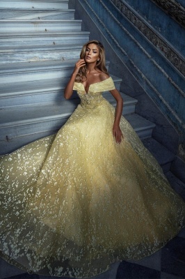 Elegant Yellow Off-the-shoulder Sleeveless A-Line Floor-Length Tulle Prom Dresses_2