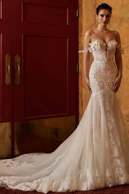 Classy Off-the-shoulder Sleeveless Mermaid Lace Wedding Dresses with Applique_1