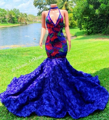 Exquisite Blue Appliques Halter V-neck Sleeveless Floor-length Mermaid Prom Dresses_2