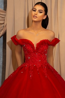 Red Off-the-shoulder Sleeveless Ball Gown Chiffon Floor-Length Prom Dresses with Lace_2