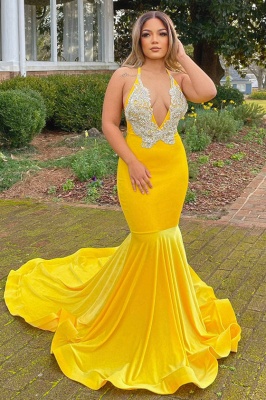 Simple Yellow Appliques Lace V-neck Spaghetti Straps Floor-length Mermaid Prom Dresses_1