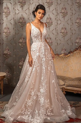 Classy V-neck Appliques Lace Spaghetti Straps Sleeveless A-Line Wedding Dresses_4