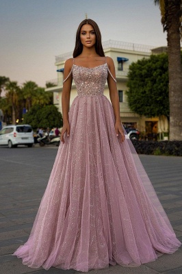 Charming Pink A-line Sequins Spaghetti Straps Prom Dresses_1